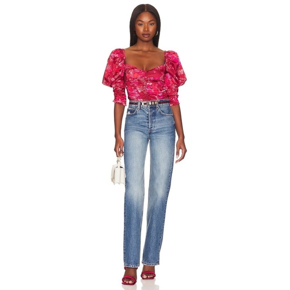 NEW For Love And Lemons Red Floral Print  Ruched Puff Sleeve Bodysuit Blouse XS - Picture 12 of 15